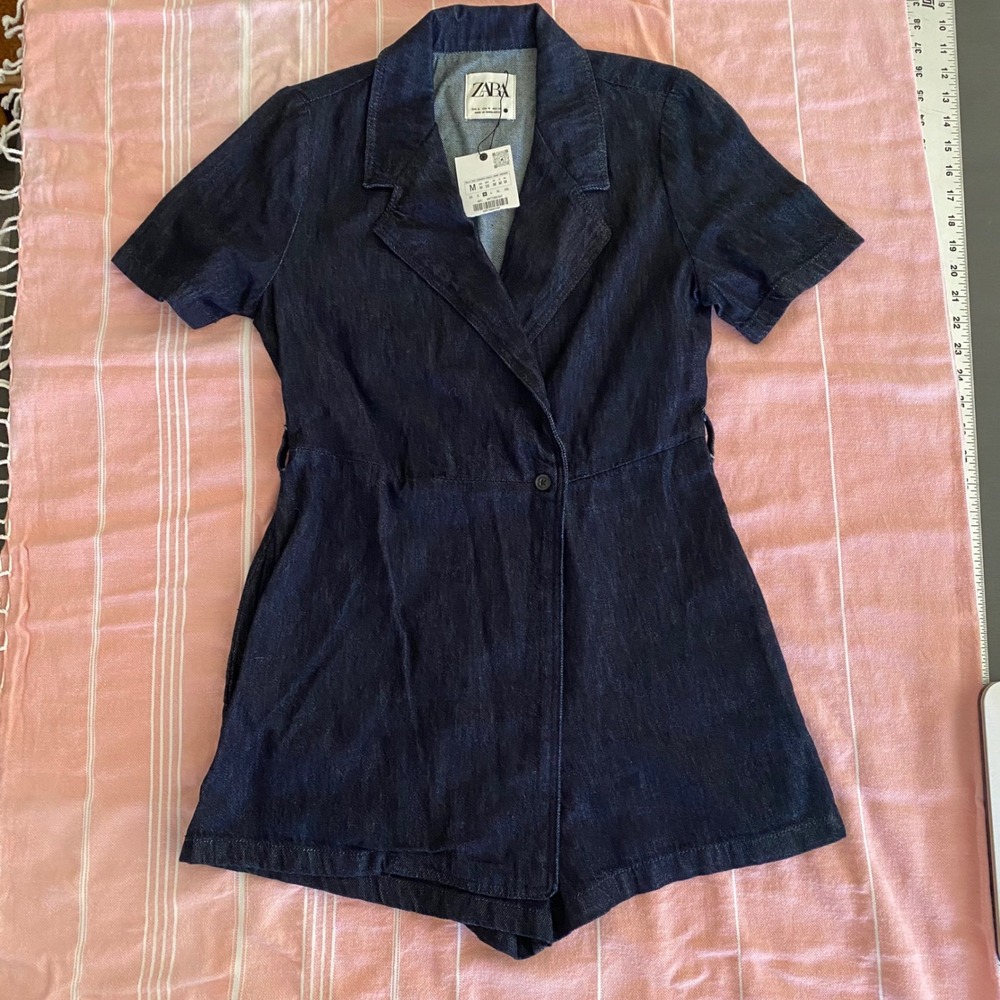 Zara Women Dark Wash Denim Blazer Romper Short Sleeve Indigo Blue Size M NWT
